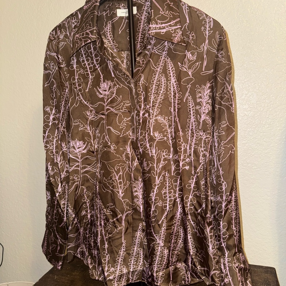 Lafayette 148 New York Brown and Pink Leaf Print Blouse
